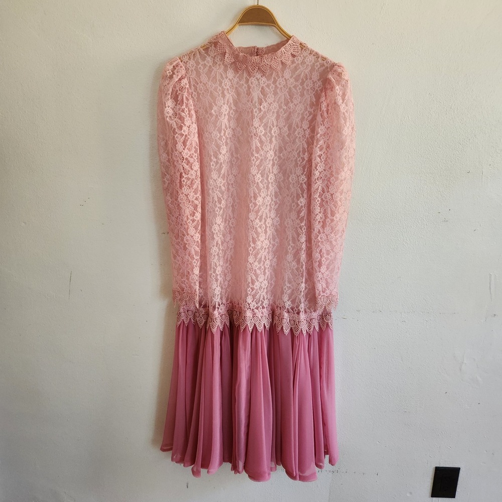 Vintage 80s Sheer Floral Lace Drop Waist Midi Dress Large Pink Long Puff Sleeve